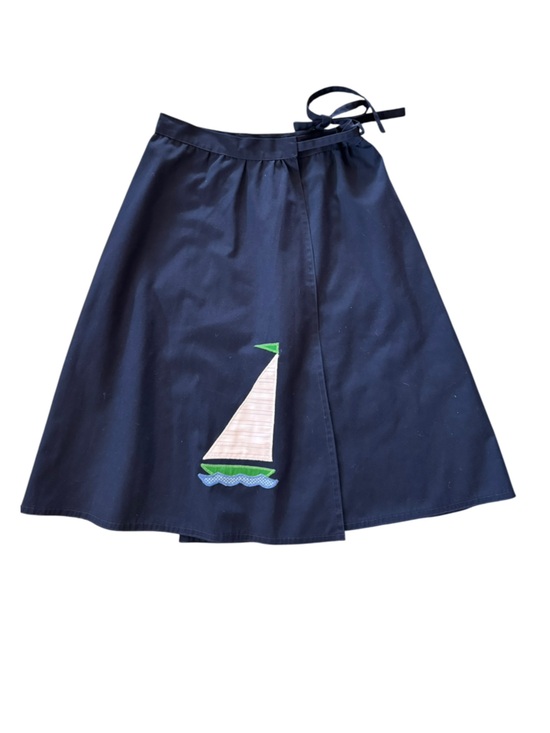 Vtg 70’s Sailboat Appliqué Navy Wrap Skirt Sz M Midi Nautical Handmade Cottage - Picture 6 of 6